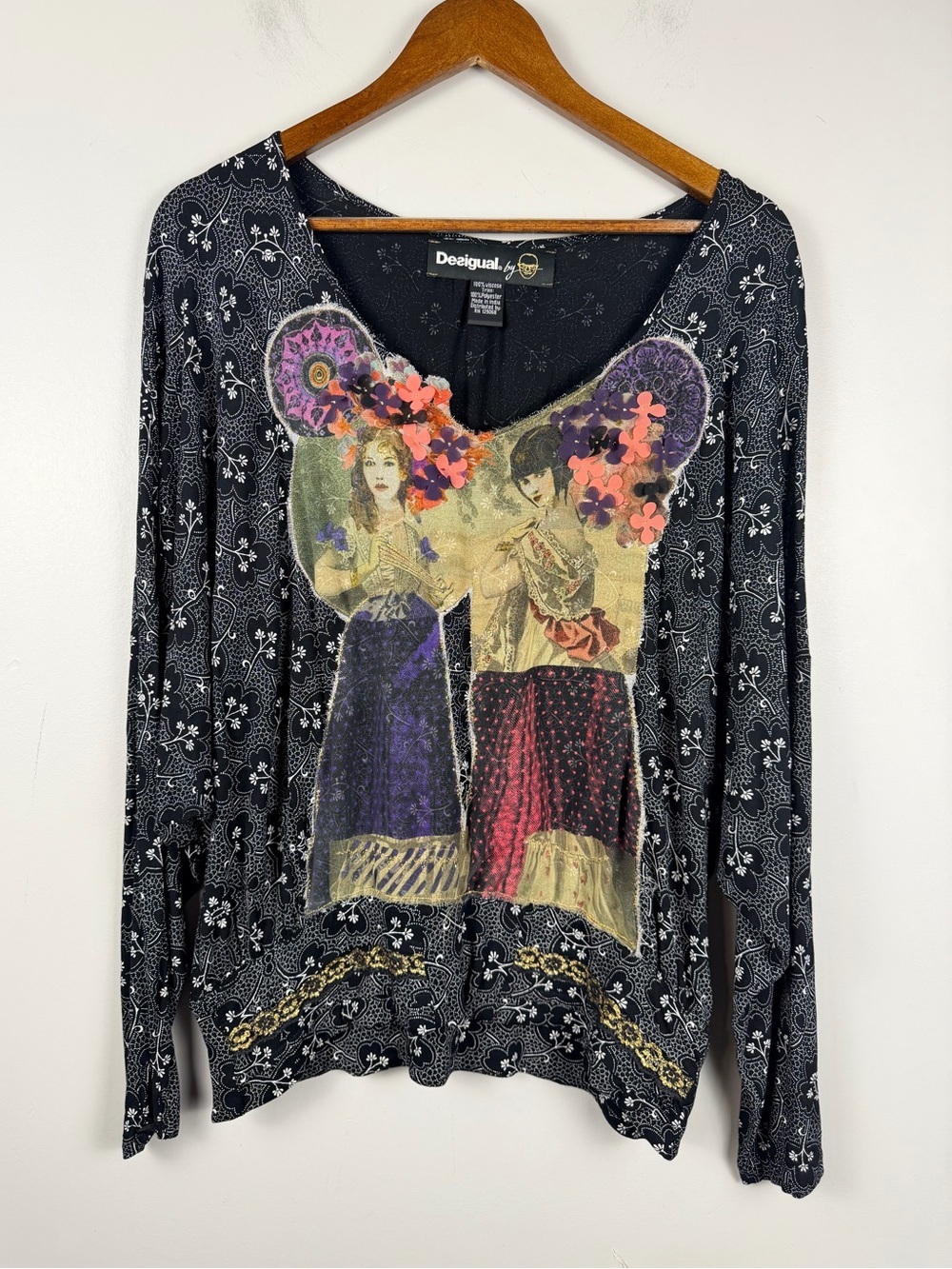 Rare Christian Lacroix x Desigual Bat Sleeve Top applique Deisgner size Med